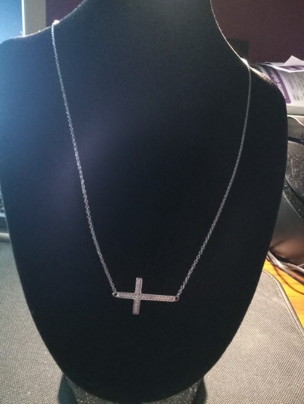 Sterling Silver Sideways DIAMOND Cross Necklace - Silver